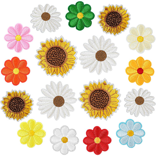 Wanmu 17Pcs Iron on Patches for Clothes, Cute Sunflowers Embroidered Patch, Sew On Applique Patches, Daisy Flower Embroidered Patch for Bags, Jackets, Jeans, Clothes DIY Patches