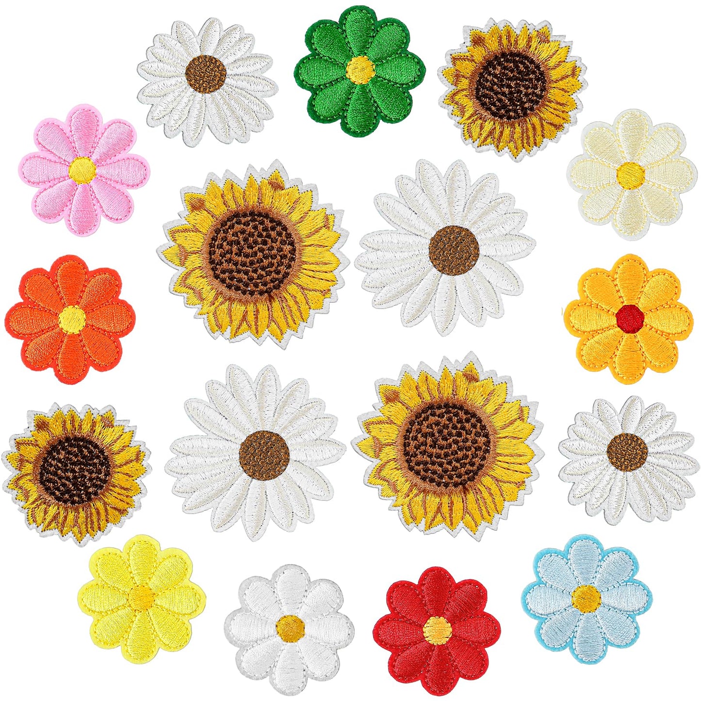 Wanmu 17Pcs Iron on Patches for Clothes, Cute Sunflowers Embroidered Patch, Sew On Applique Patches, Daisy Flower Embroidered Patch for Bags, Jackets, Jeans, Clothes DIY Patches