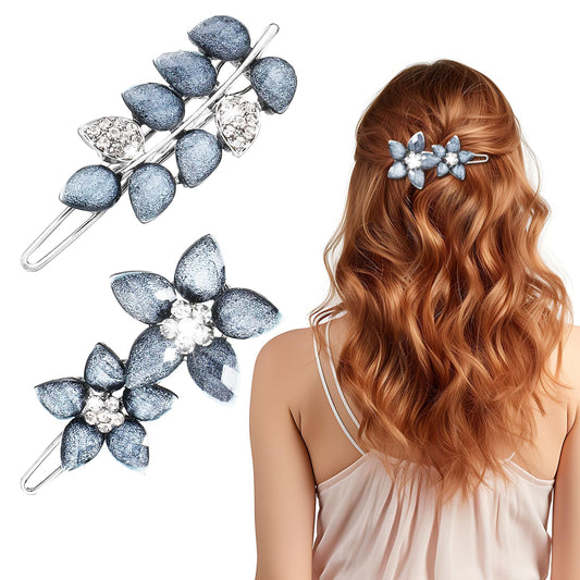 2Pcs Vintage Rhinestone Hair Clips Ink-Blue Sparkly Crystal Hairpin Flower Small Hair Barrettes Fancy Decorative Hair Accessories for Women Girls Bride Wedding Engagement Prom Valentines