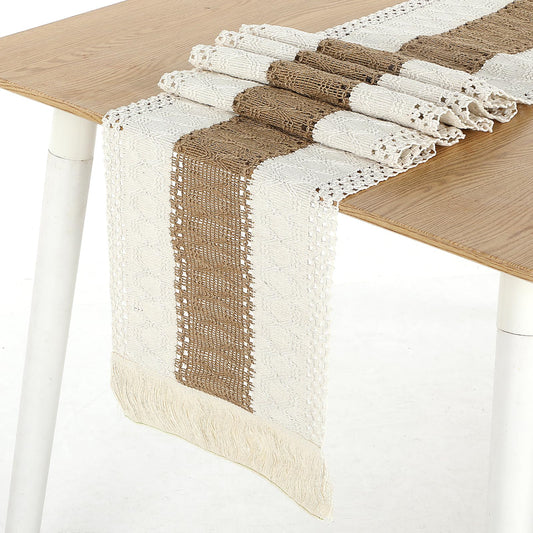 Sibba Boho Table Runner for Home Decor, Farmhouse Table Runner with Tassels, Cream & Brown Macrame Table Runner for Boho Dining Bedroom Decor and Bohemian Rustic Wedding
