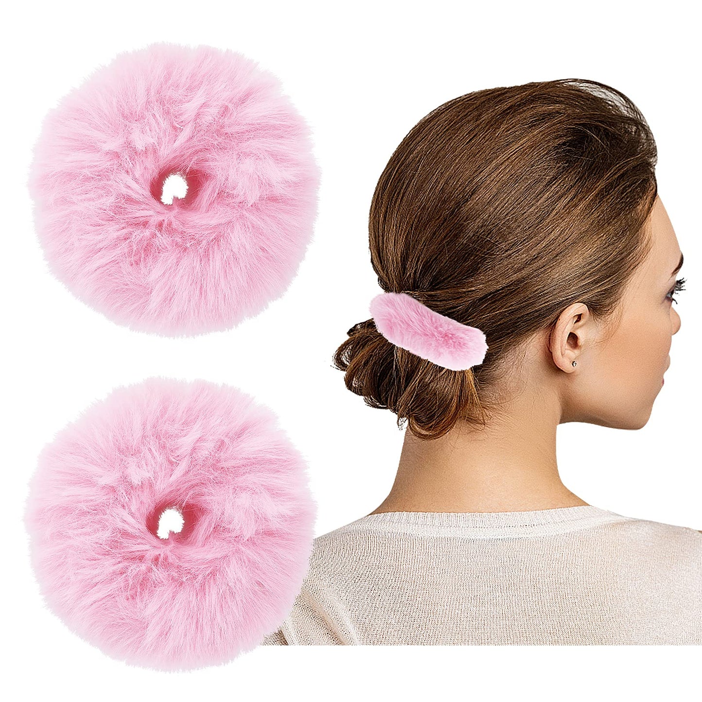 Sibba Faux Fur Hair Scrunchies Elastic Hair Band Rope Tie Wristband Fluffy Pom Balls Ponytail Holder Styling Accessories Outfits for Women Girl (2 PCS Pink)