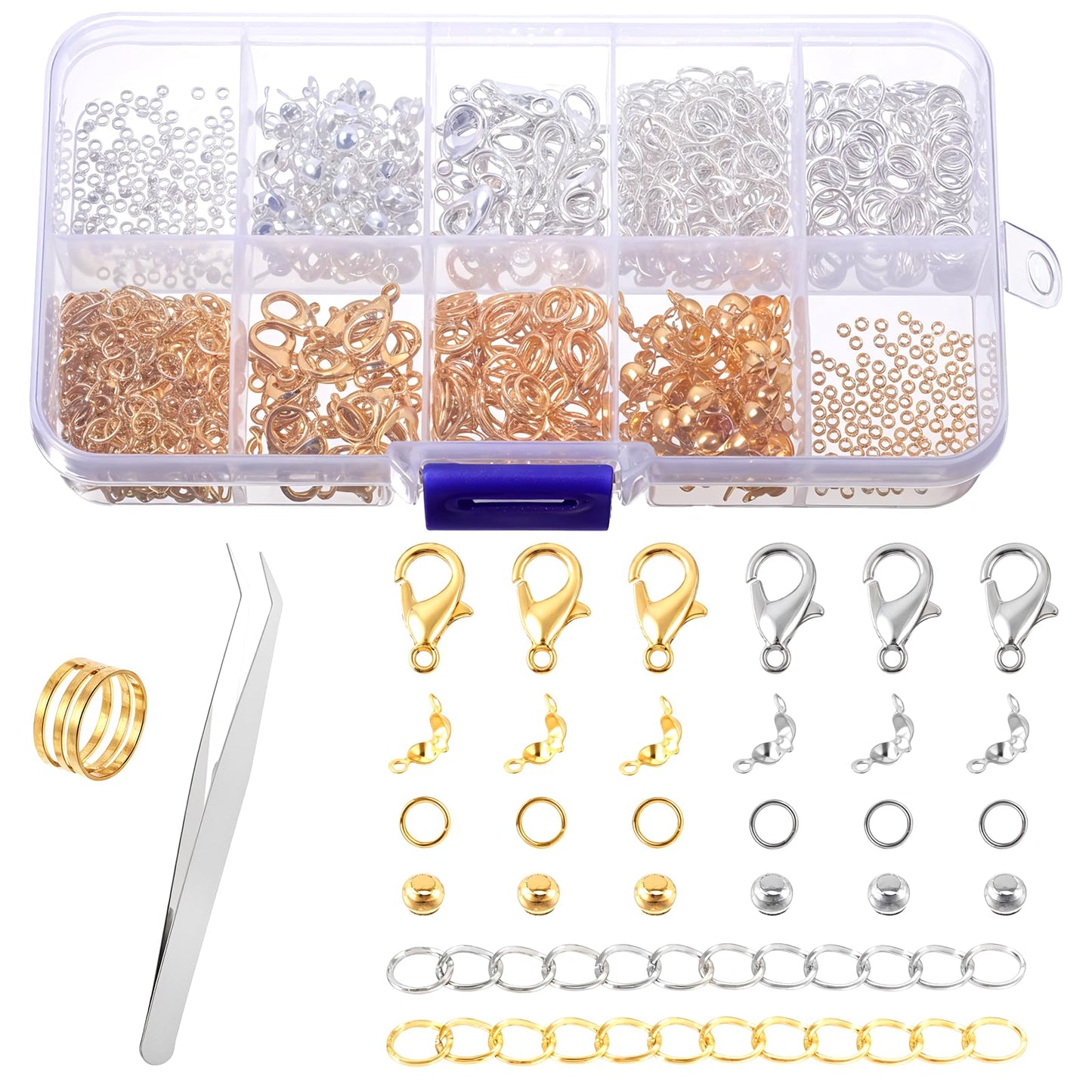 COMNICO Jump Rings for Jewelry Making Necklace Repair, 582pcs Open Jump Rings and Lobster Clasps Bracelet Jewelry Findings with Tweezers Jump Ring Opener (Silver and Gold)