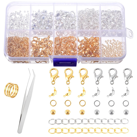 COMNICO Jump Rings for Jewelry Making Necklace Repair, 582pcs Open Jump Rings and Lobster Clasps Bracelet Jewelry Findings with Tweezers Jump Ring Opener (Silver and Gold)