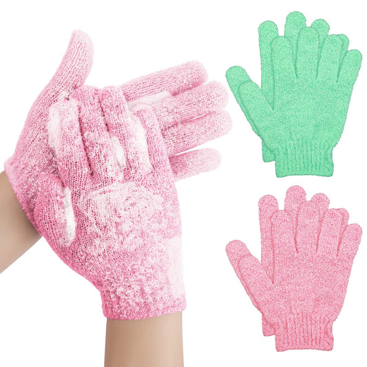 Sibba Bath Gloves for Shower Natural Loofah Exfoliating Wash Gloves for Body and Face, Dead Skin Remover, Double Sided Microfibre Shower Body Gloves for Adults and Kids (2 Pair Pink&Green)