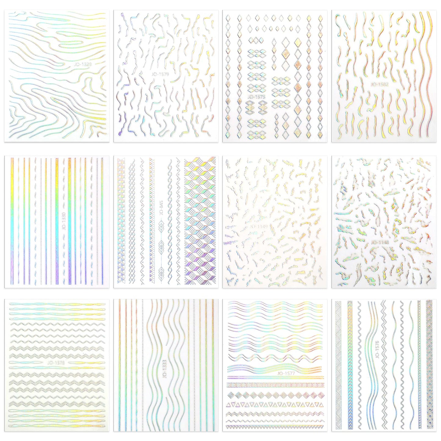 12Pcs Aurora Nail Art Stickers, Silver Curve Stripe Self-Adhesive Holographic Nail Supplies Glitter Wavy Stripe Lines Decals Nail Art Manicure Designs Decoration Accessories for DIY Nail Tips Supplies