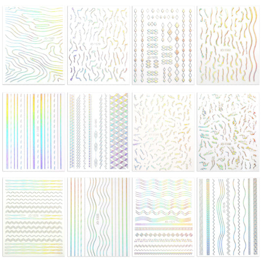 12Pcs Aurora Nail Art Stickers, Silver Curve Stripe Self-Adhesive Holographic Nail Supplies Glitter Wavy Stripe Lines Decals Nail Art Manicure Designs Decoration Accessories for DIY Nail Tips Supplies