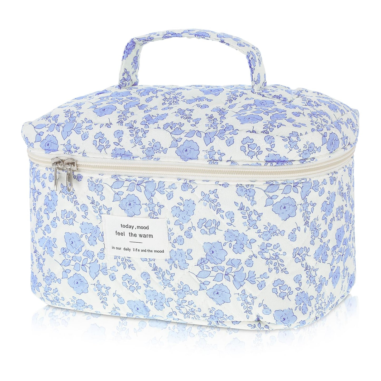 Wanmu Large Quilted Makeup Bag for Women, Floral Coquette Cosmetic Bag, Travel Cotton Toiletry Bag, Cute Make Up Organizer Bag