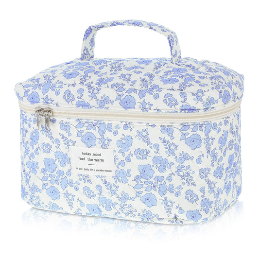 Wanmu Large Quilted Makeup Bag for Women, Floral Coquette Cosmetic Bag, Travel Cotton Toiletry Bag, Cute Make Up Organizer Bag