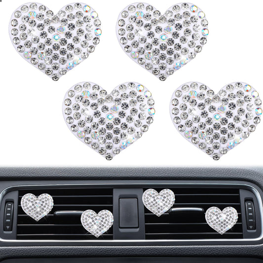 Dimeho 4 Pcs Bling Heart Air Vent Clips Sparkly Rhinestone Car Freshener Buckle Cute Crystal Air Conditioner Bedazzled Decoration Accessories for Women Girls