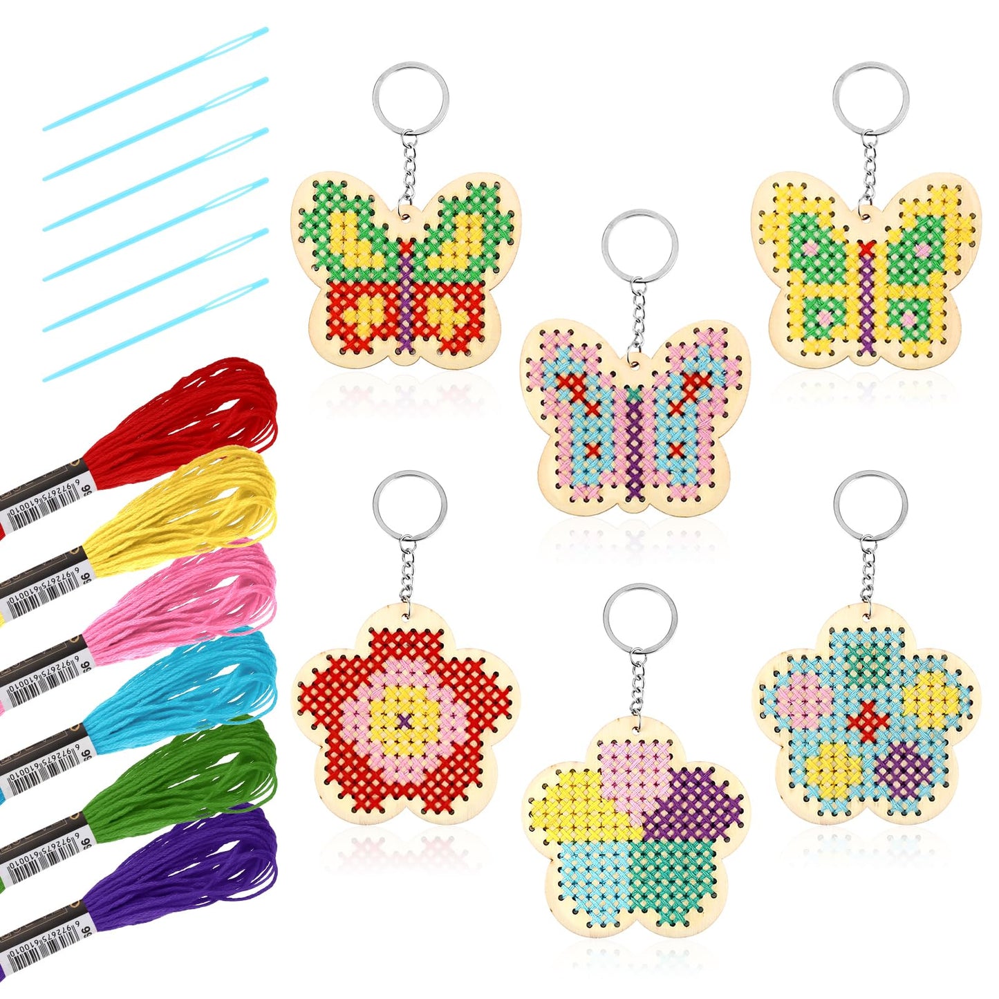 Sibba Wooden Cross Stitch Kits for Kids 6-13, 6 Pack Cross Stitching Keyrings, Wood Sewing Kit, Butterfly Arts & Crafts, Flower Ornaments Backpack Charms, Embroidery Kit for Beginners