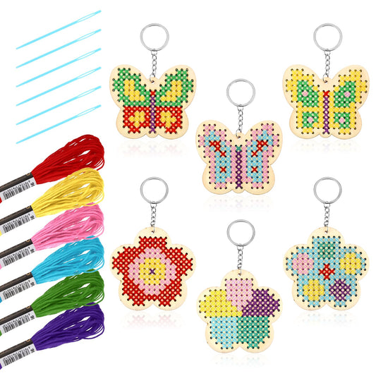 Sibba Wooden Cross Stitch Kits for Kids 6-13, 6 Pack Cross Stitching Keyrings, Wood Sewing Kit, Butterfly Arts & Crafts, Flower Ornaments Backpack Charms, Embroidery Kit for Beginners