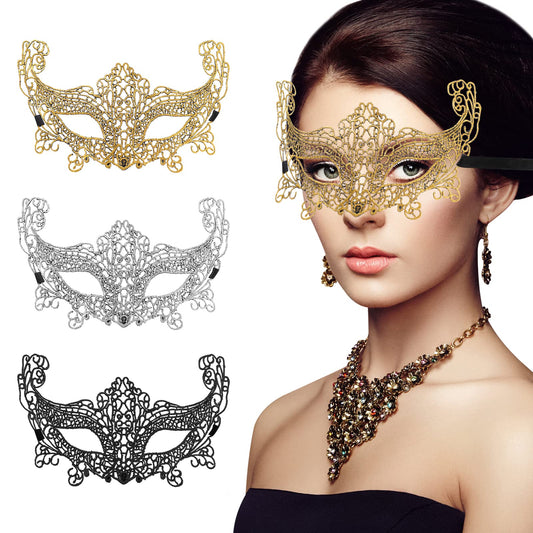 Sibba 3 Pieces Mascarade Masks for Women Lace Venetian Eye Masked Lady Girl Masquerade Dress-Up Accessories Mask Ball Halloween Costume Fancy Carnival Party Evening Prom Silver Black Gold(Fox Style)