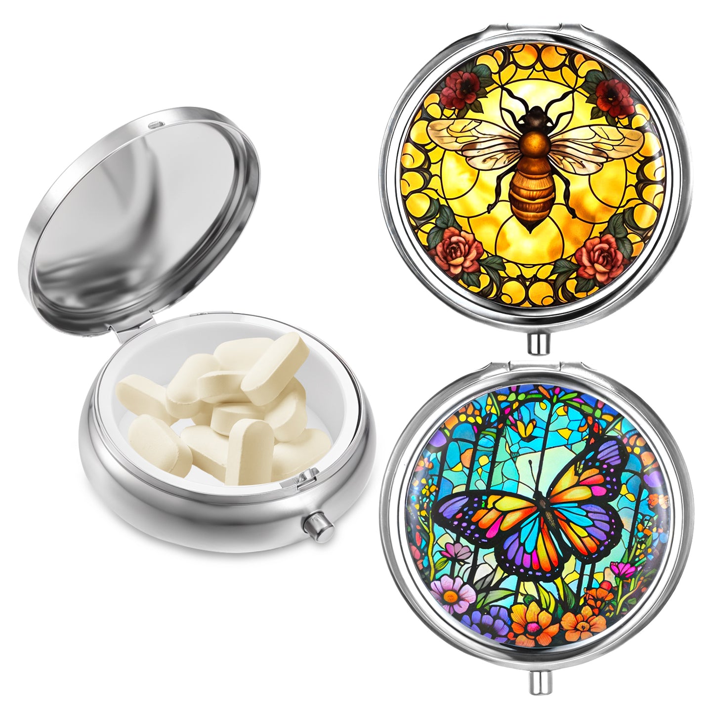 Sibba 2Pcs Portable Medicine Pill Case Moisture Proof Pocket Pill Organizer Dispenser Cute Compact Nice Tablet Box Bee&Butterfliy Medicine Pills Box Metal Pillbox with Mirror for Vitamins, Fish Oil