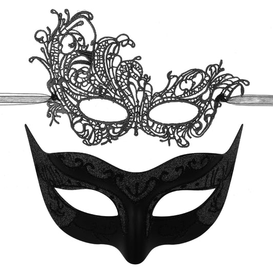 Sibba Couples Masquerade Masks 2pcs Venetian Halloween Costume Mask Lace Eyemask for women men Gorgeous Mardi Gras Theatrical Mask Christmas Festival Fancy Dress Carnival Weding Party Cosplay (Black)