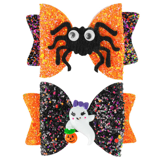 Sibba 2 PCS Halloween Hair Clips, Glitter Spider Hair Bow for Halloween, Halloween Ghost Hair Clips for Girls, Cartoon Halloween Hair Accessories for Cosplay Costume & Party Supplies