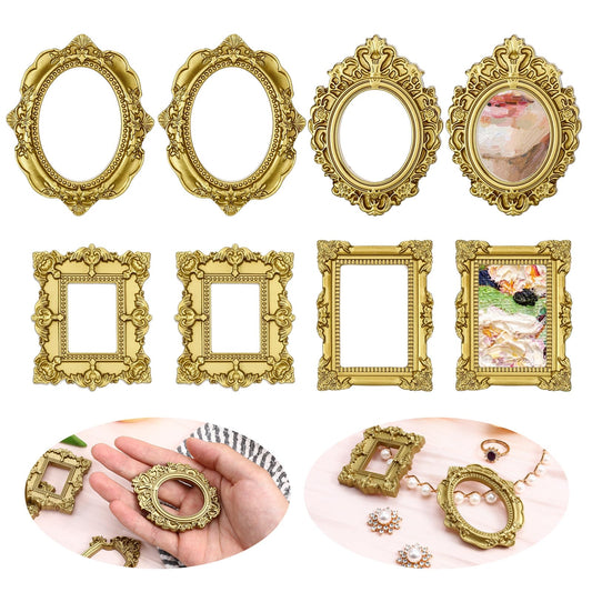 Sibba 8 Pcs Vintage Mini Picture Frames, Baroque Small Gold Picture Frames, Antique Resin Photo Frame for Jewelry Display Holiday Party Hotel Home Doll House Decor