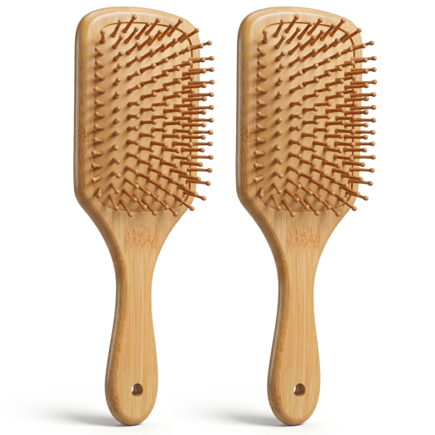 2Pcs Bamboo Hair Brush with Natural Bamboo Bristles, Detangling Paddle Hairbrush, Wooden Handle Brush with Hole for All Hairs Types & Hair Growth for Women, Men
