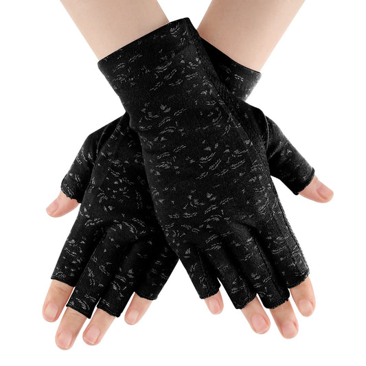 Sibba 1 Pairs UV Gloves Fingerless Protection Gel Nail Polish Manicure Protective Glove Driving Summer Anti Sun Cycling Half-Finger Hand Arm Mittens Women Outdoor (Printing Short Style Black)