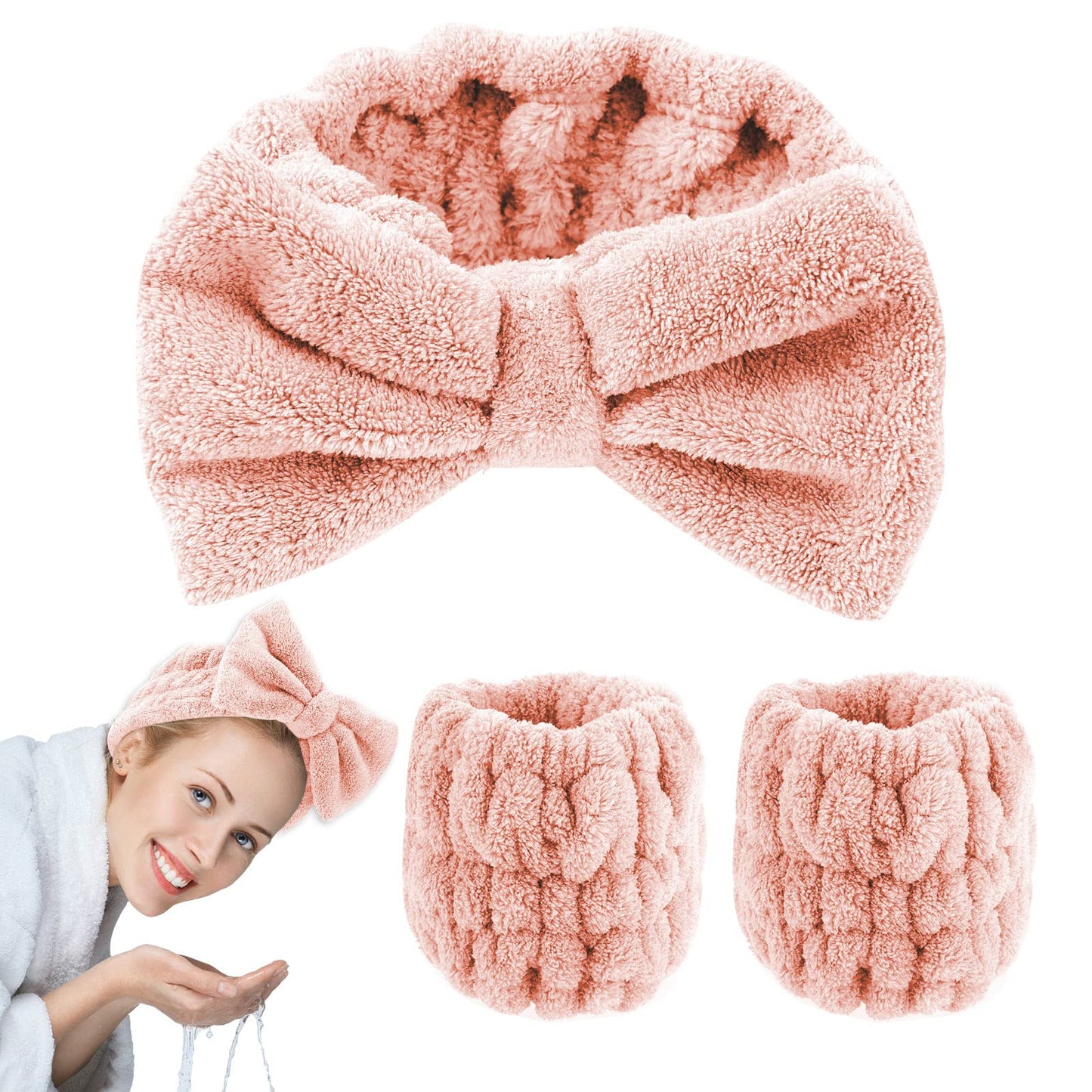 WLLHYF 3 Pcs Spa Headband Wrist Washband Set Soft Elastic Facial Makeup Headbands Washing Face Wristbands Prevent Water Spilling Down Arms Spa Headband for Women Girls Washing Face Shower (Dark pink)