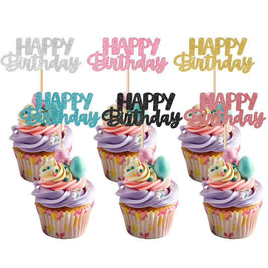 COMNICO Happy Birthday Cupcake Toppers, 24 Pcs Cute Fashion Glitter Cupcake Picks Six Colors DIY Cake Decorations Supplies for Celebrating Wedding Birthday Party