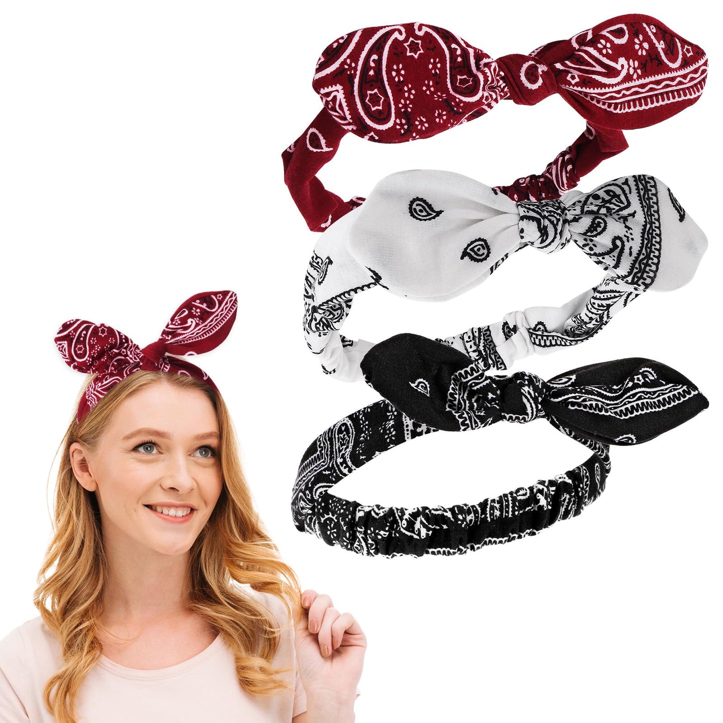3Pcs Bandana Headband for Women, Boho Elastic Bandana Wide Knotted BowKnot Retro Knot Print Sport Sweat Hair Wrap Paisley Print Headband Adjustable Stylish Headwrap for Women and Girls