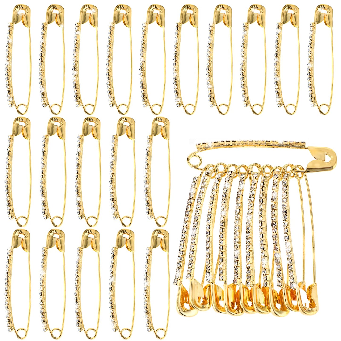 Sibba 20 Pieces Gold Rhinestone Safety Pins, Women Faux Crystal Brooches, Decorative Bulk Metal Sewing Pins Clothing Clips for Women or Girls Skirts Sweater Scarf Lapel Hat Accessories