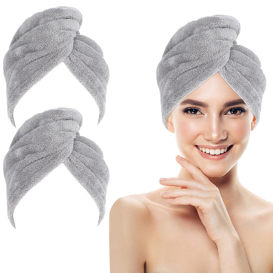 Sibba 2 Pack Microfiber Hair Towel Wrap for Women, Hair Turbans for Wet Hair, Super Absorbent Fast Dry Hair Turban Wrap for Drying Curly Long Thick Hair Anti Frizz(Grey)
