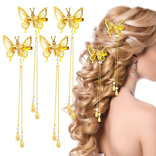 Sibba 4 Pcs Butterfly Hair Clips Pins, Alloy Glitter Barrettes Tassel 3D Moving Butterfly Hairpins French Side Hollow Metal Cute Clip for Women Girls Wedding Hair Fashion Accessories