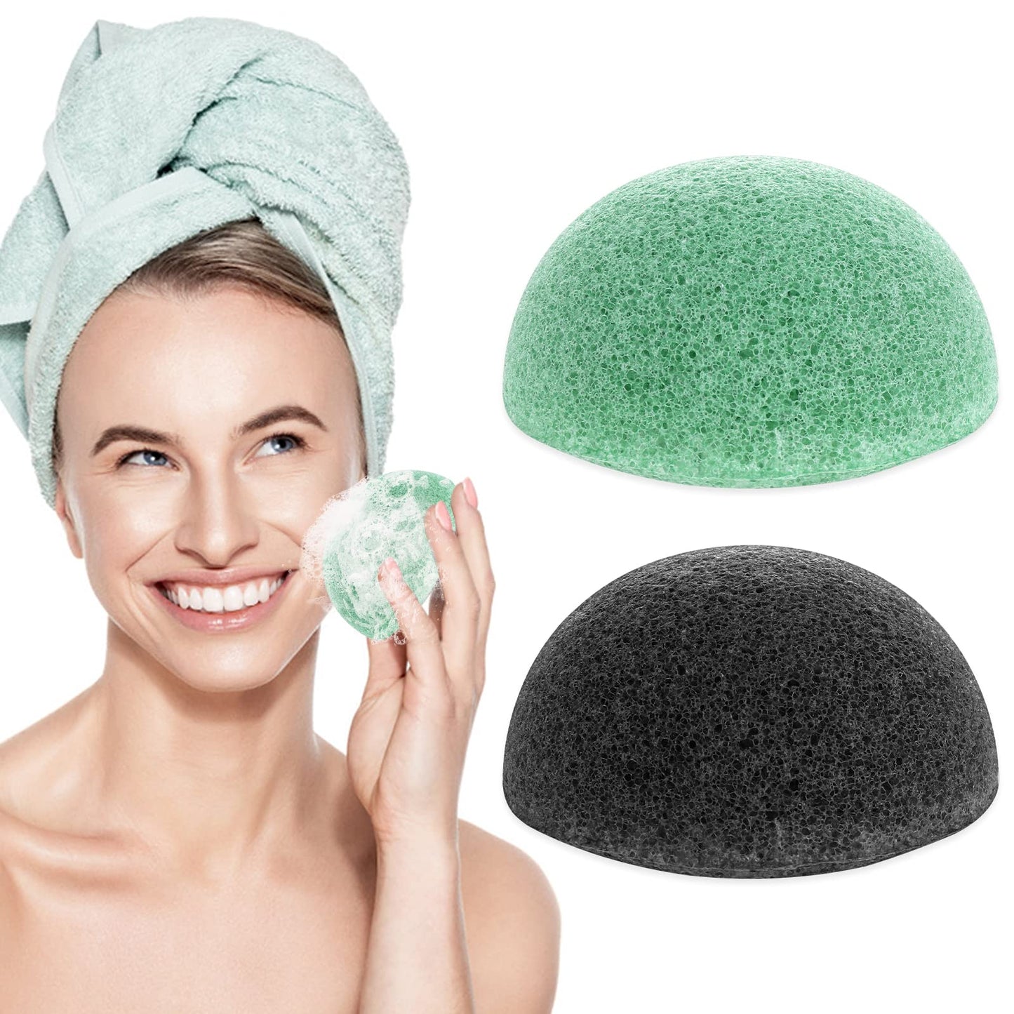 Sibba 2Pcs Natural Konjac Facial Sponges for Cleansing Exfoliating, Gentle Face Sponge for Washing Face Body, Cleaning Puff Buff Scrubber for Babys Men Women Shower Bath SPA (Black&Green)
