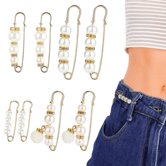 Wanmu 8Pcs Pearl Brooch Pins for Women Fashion, Faux Pearl Rhinestones Brooches, Sock Charms Pins, Safety Pins for Girls Pants and Sweater Shawl Clip Double Gold Waist Pants Extender