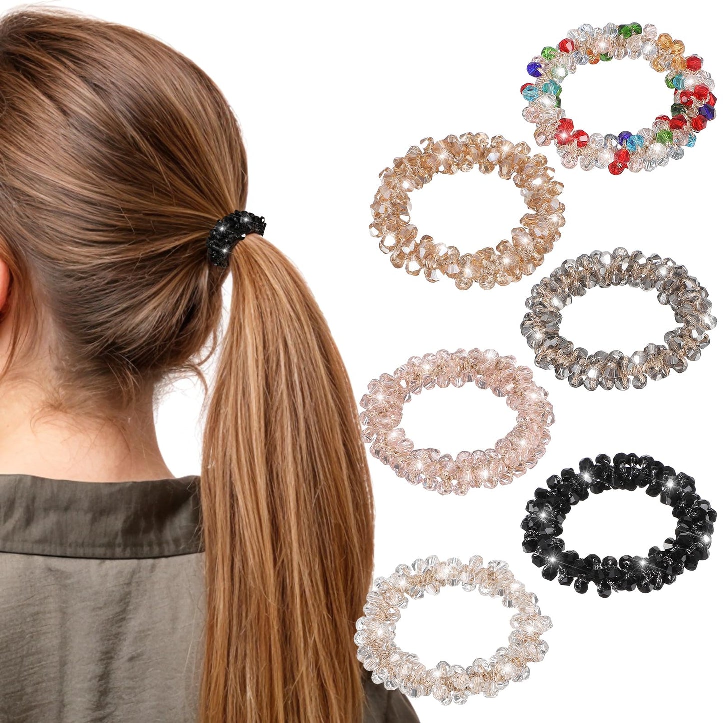YBEATY 6 Pcs Rhinestone Hair Ties Fancy Elastic High Ponytail Holder Sparkly Glitter Crystal Bling Scrunchies Beaded Set Stretchy Hair Bands Accessories Decorative for Ladies Women Girls