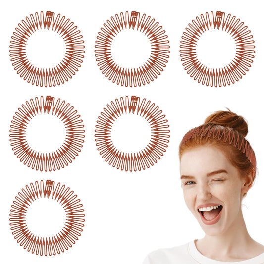 COMNICO 6PCS Full Circular Stretch Comb Hair Band Flexible Plastic Circle Headbands with Teeth for Women Lady Girls(Brown)
