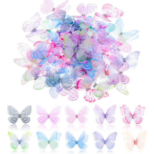 60pcs Butterflies for Crafts Organza Fabric Butterfly Appliques Colorful 3D Lace Butterfly Wings Wall Decor 2 Layer Wall Decoration for DIY Wedding Birthday Party Clothes Ornament Home Jewelry Making