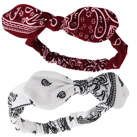 Dimeho 2 Pcs Bandana Headband for Women, Knotted Boho Bow Headbands Elastic Paisley Headband Retro Print Turban Headbands Cute Rabbits Ear Headwraps Adjustable Hair Band (Red/White)
