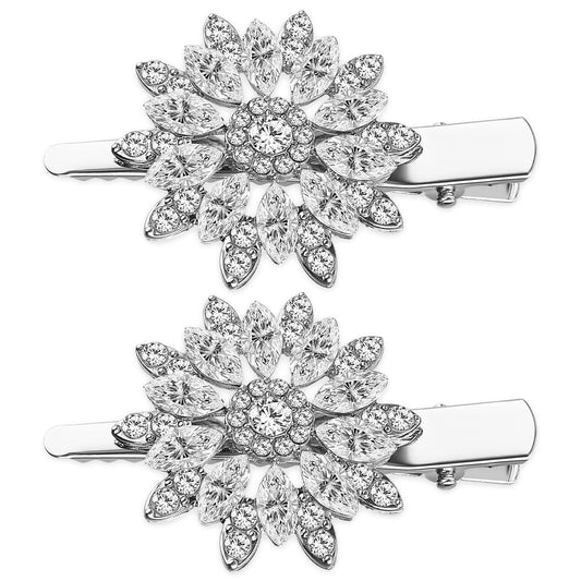 Sibba 2 PCS Rhinestone Bridal Hair Clip Barrettes, Flower Design Crystal Hair Clips, Elegant Jewelry Wedding Hairpin Diamante Leafy Pins Slide Style Hair Clip for Women Ladies Bridal Wedding Party