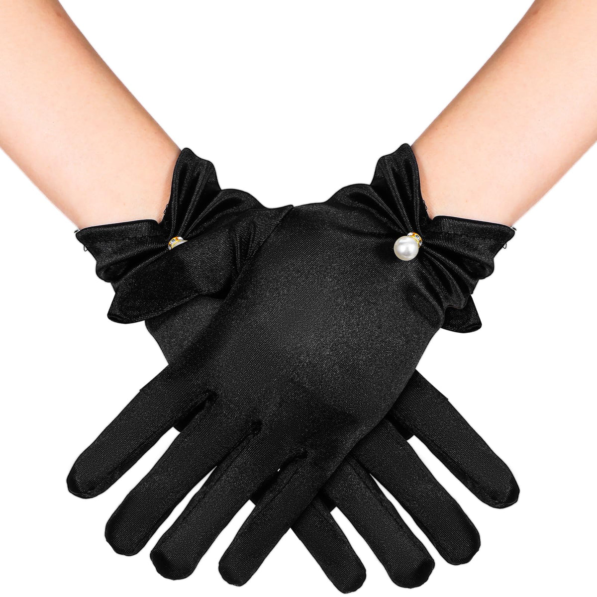 Heclia Black Satin Gloves Short Wrist Length Glove with Pearls Women’s Gown Accessories for Evening Dress Opera Wedding Costume Bridal Banquet Tea Party 1920s Flapper Winter Gloves