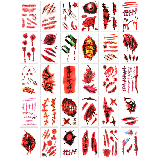 Sibba Temporary Tattoos 30 PCS Realistic Halloween Cosplay Tattoo Body Makeup Stickers Waterproof Scary Sticker Stitche For Scars Fake Scar Face Peel With Heart Tattooing Wound Lips Stitches Costumes