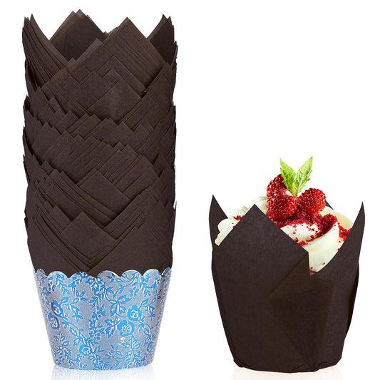 Dimeho 100 Pcs Muffin Cases Tulip Cupcake Cases Tulip Baking Paper Cupcake & Muffin Liners Unbleached Baking Cups Cupcake Wrapper for Party, Wedding, Birthday, Christmas (Coffee)
