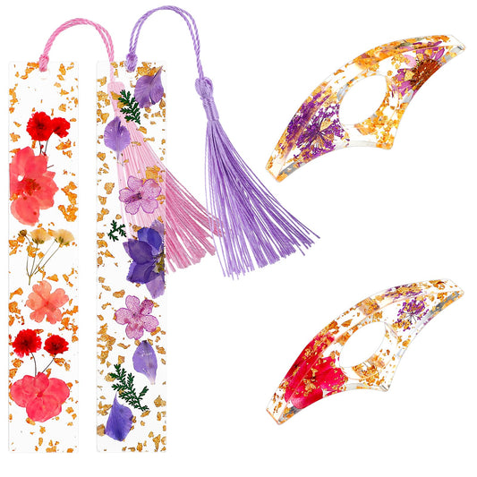 Sibba Thumb Book Page Holder, 4 Pieces Homemade Finger Ring Page Holder and Bookmarks with Tassels, Light Weight Book Opener Tool, Personalized Flower Resin Page Holder Reading Book Accessories