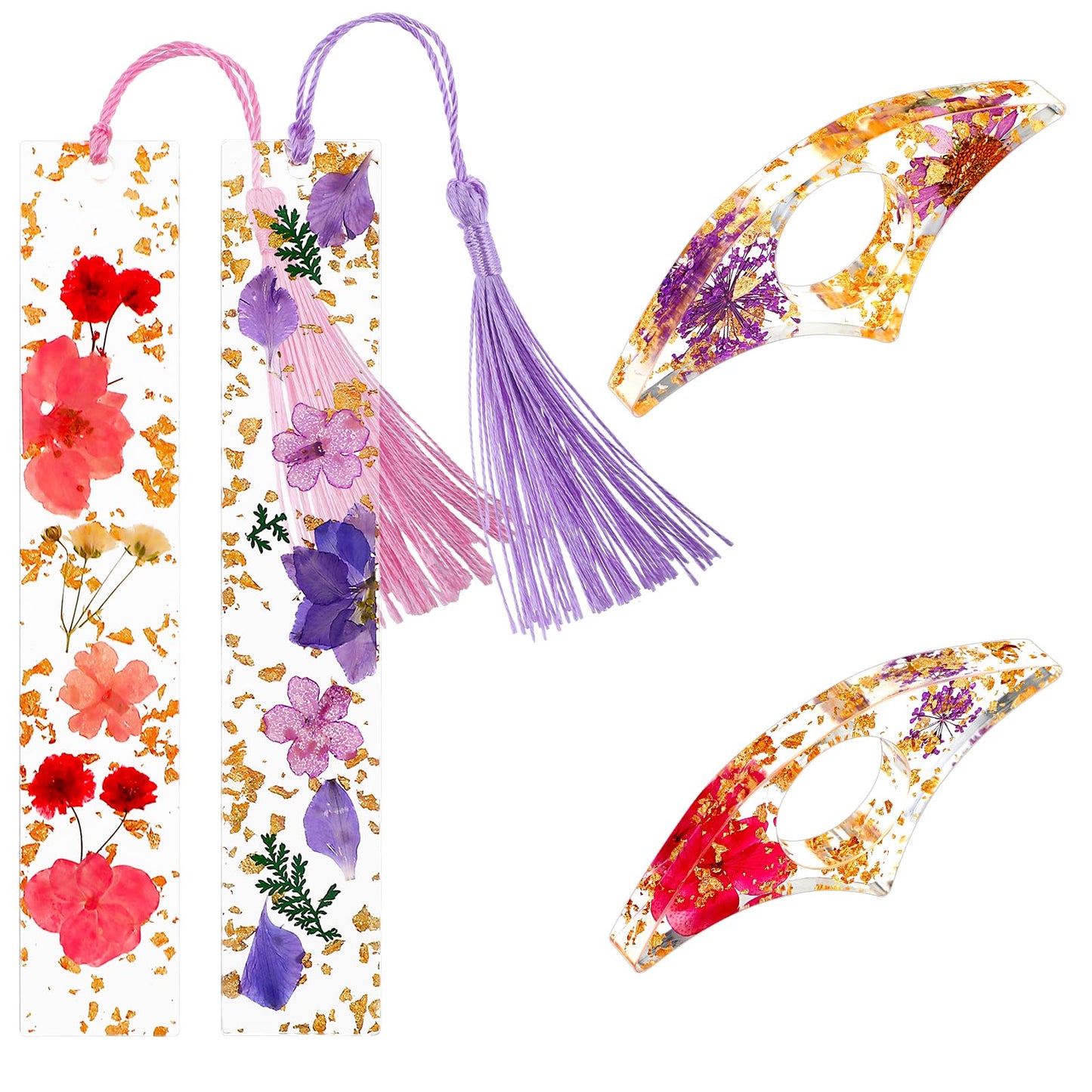 Sibba Thumb Book Page Holder, 4 Pieces Homemade Finger Ring Page Holder and Bookmarks with Tassels, Light Weight Book Opener Tool, Personalized Flower Resin Page Holder Reading Book Accessories