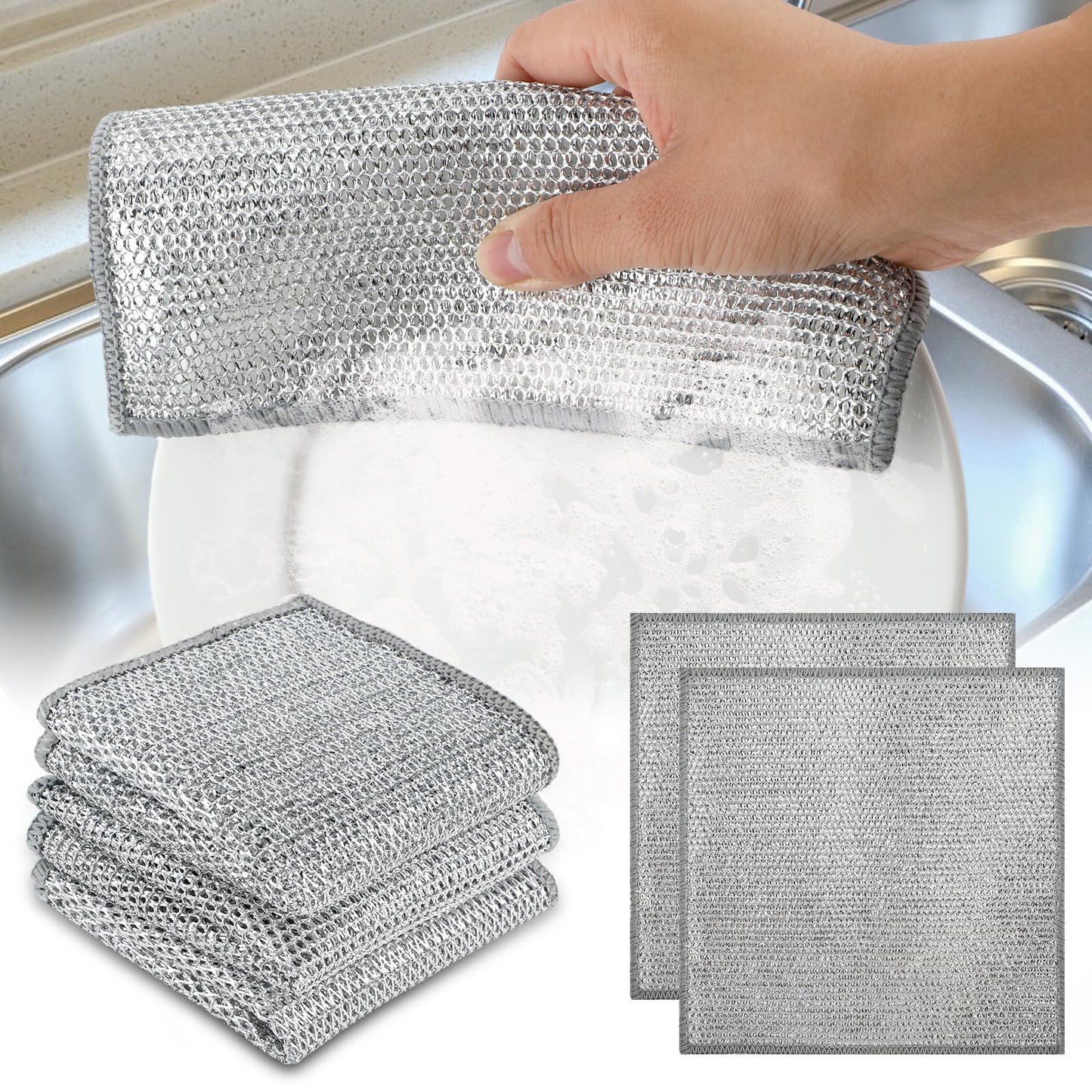 COMNICO 5pcs Multipurpose Wire Dishwashing Rags Non-Scratch Scrub Sponges Zero Scratch Dishcloth for Wet and Dry, Scrubbing & Cleans Non-Stick Cookware Dishes Sinks Stove Tops