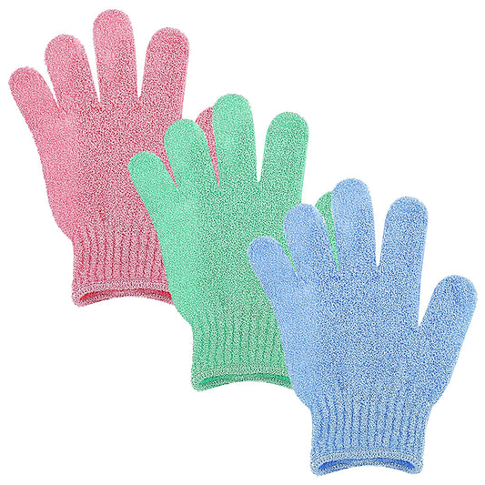 Sibba Exfoliating Gloves 3Pcs Scrub Mitts Body Cleanser Exfoliator Washcloths Scrubbing Care Glove Fit Shower Spa Deep Bath Massage Dead Cell Remover Loofah Soap (Blue, Green, Pink)