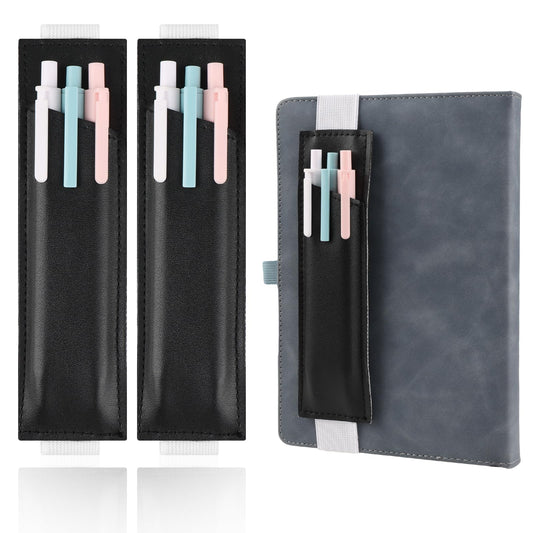 Dimeho Adjustable Elastic Band Pen Holder, PU Leather Pencil Holder for Notebook Pen Sleeve Pouch for Hardcover Journals Notebooks Planners(2Packs Black)