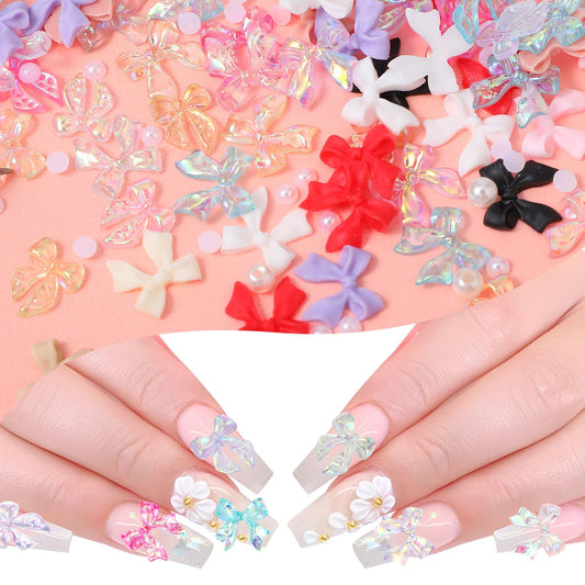 Sibba Bow Nail Charm 240 Pcs Colorful Bowknot Fingernail Beauty Acrylic Manicure Decoration Cute Butterfly Pearl Charm Rhinestone Glitter Wedding Prom Engagement Art Accessories Fit Women, Salon, DIY