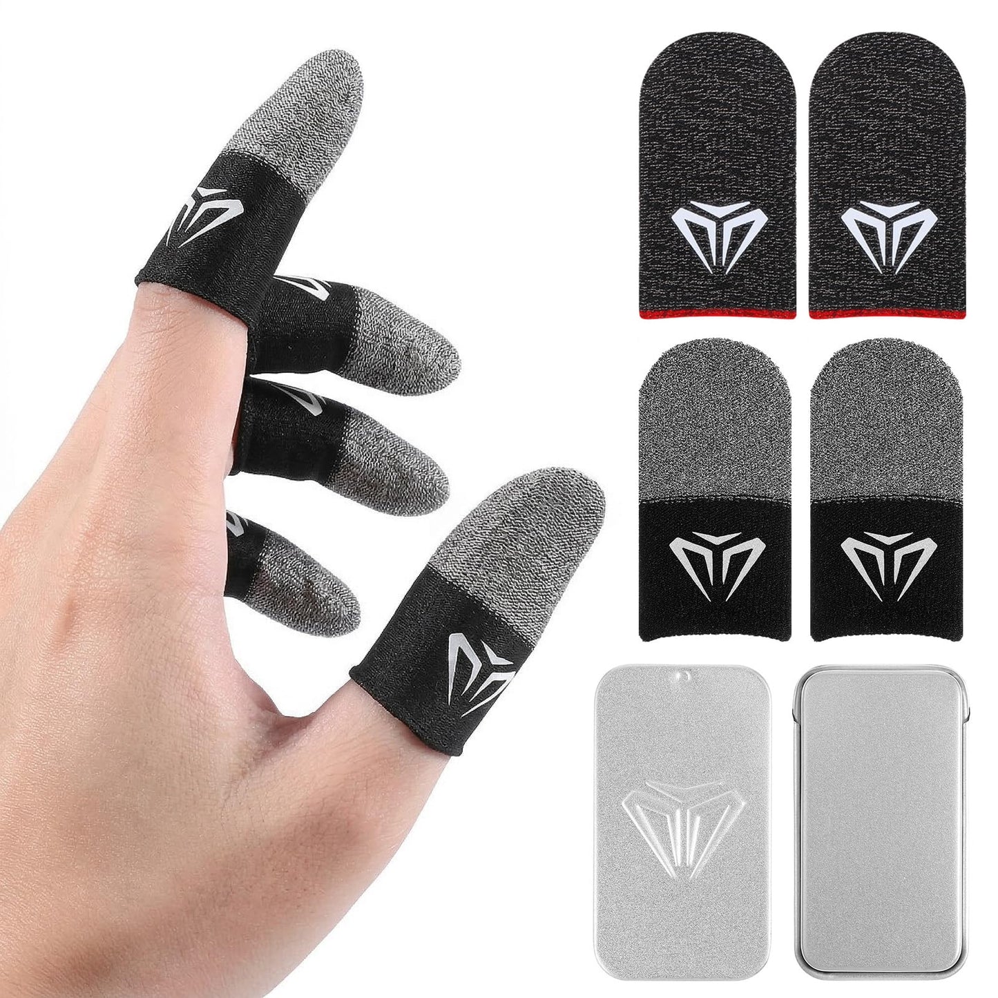 Gjinxi Pack of 4 Gaming Finger Thumb Sleeves Mobile Gaming Gloves Finger Cots Silver Fibre Touchscreen Thumb Sleeves Finger Cover Finger Sleeve Thumb Cover for Mobile Phone Games (Two-Tone + Red)