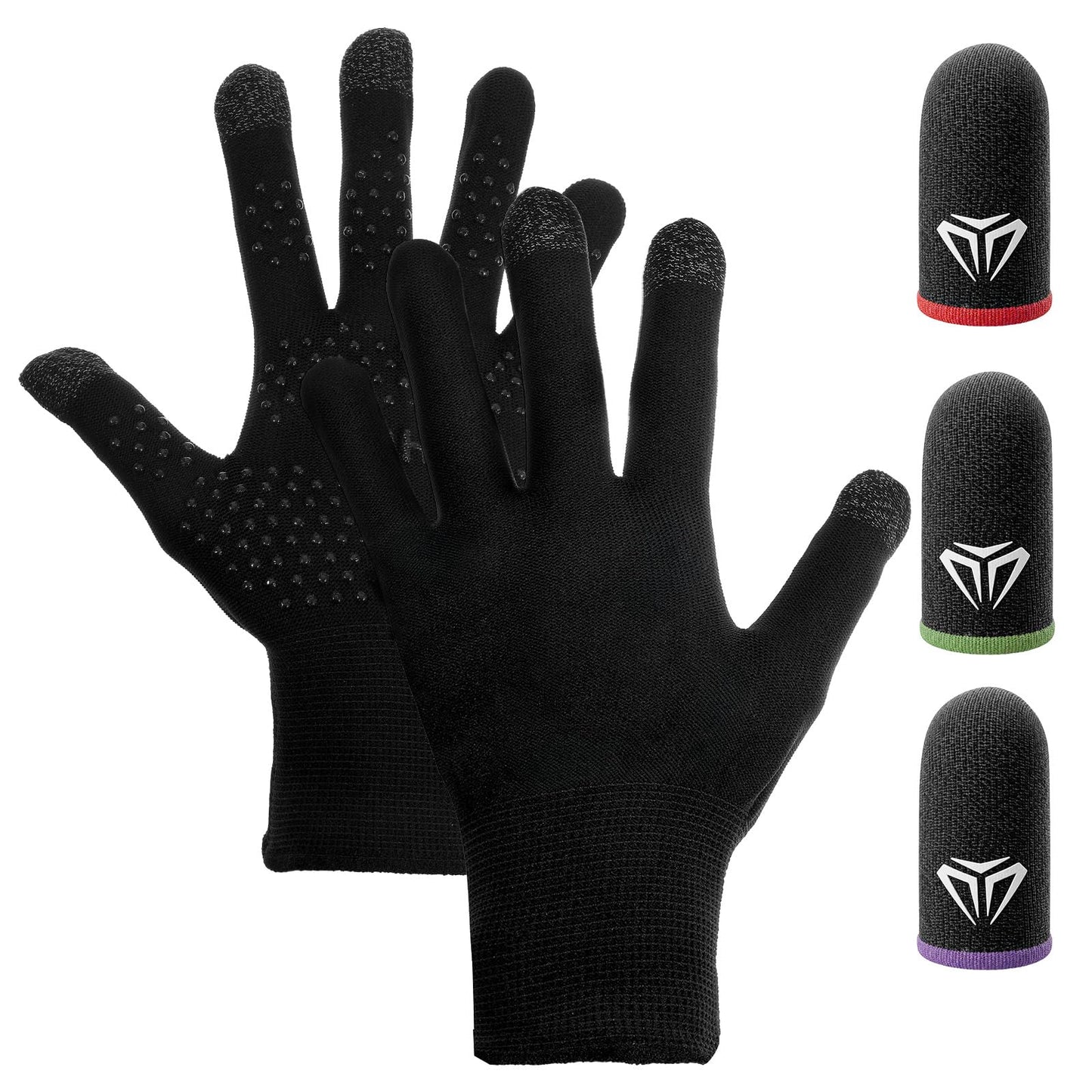 Qianyu Mobile Gaming Gloves with 6pcs Thumb Finger Sleeves for Sweaty Hands Ultra Thin High Sensitive Anti Sweat Breathable Seamless Touch Screen Controller, Compatible with All Touchscreen Devices