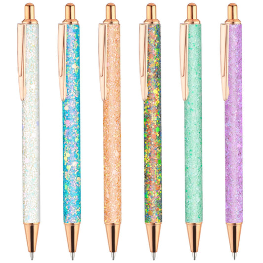 Sibba Ballpoint Pens Ink Refills 6 PCS Glitter Decorative Sparkly Retractable Point Pretty Colored Aesthetic Writing Correction Office Supplies Ladies Girls Teachers Gift