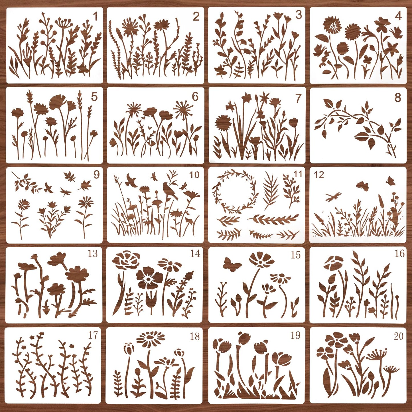 Dimeho 20 Pcs Wildflower Stencils Flower Painting Template Reusable Spring Wall Drawing Stencil Canvas Fabric Paint Mold for Wood Home Decor Furniture Card Making Art DIY Craft