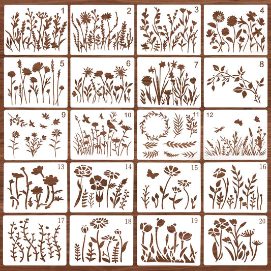 Dimeho 20 Pcs Wildflower Stencils Flower Painting Template Reusable Spring Wall Drawing Stencil Canvas Fabric Paint Mold for Wood Home Decor Furniture Card Making Art DIY Craft