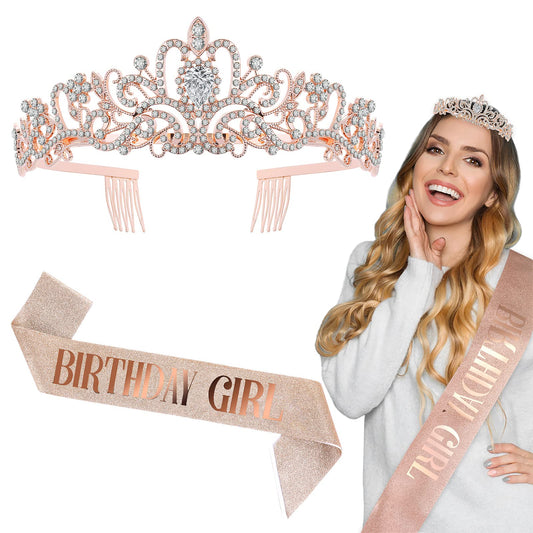 Sibba Birthday Girl Sash Rhinestone Tiara Crown Set Sparkling Crystal Tiara with Comb Glitter Headband Hair Accessories for Women Gift Hair Band Cake Toppers Birthday Party Decoration Favors Supplies